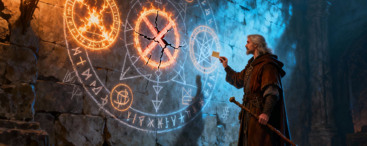 Ein älterer Magier in braunem Mantel steht in einer steinernen Halle vor einem riesigen leuchtenden Runenkreis an der Wand, in dessen Zentrum ein gebrochener, rissiger Feuerring glüht, während er mit erhobener Hand eine Regel im Muster verändert.