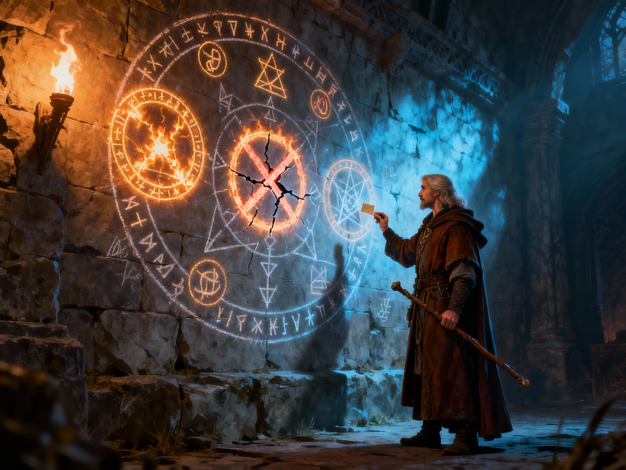 Ein älterer Magier in braunem Mantel steht in einer steinernen Halle vor einem riesigen leuchtenden Runenkreis an der Wand, in dessen Zentrum ein gebrochener, rissiger Feuerring glüht, während er mit erhobener Hand eine Regel im Muster verändert.