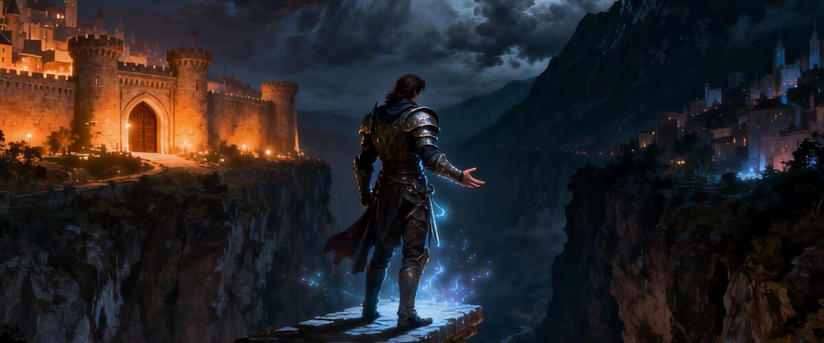 Ein gepanzerter Fantasyheld steht nachts auf einer schmalen Steinbrücke über einer tiefen Schlucht, links eine warm erleuchtete Festungsstadt, rechts eine kühl blau schimmernde Bergstadt, blaue Magiefunken um seine Hand, während er zwischen den beiden Wegen zögert.
