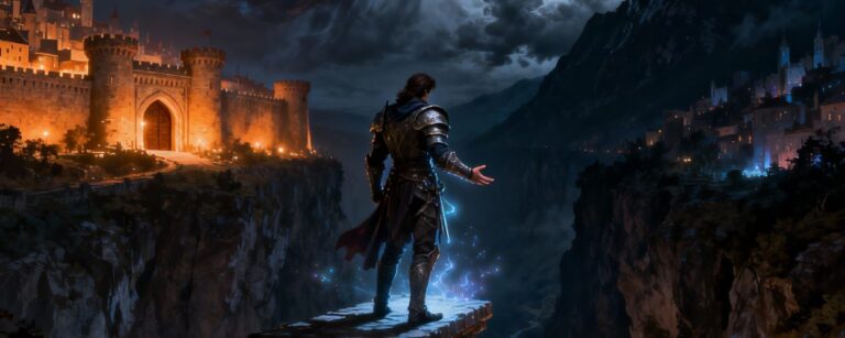 Ein gepanzerter Fantasyheld steht nachts auf einer schmalen Steinbrücke über einer tiefen Schlucht, links eine warm erleuchtete Festungsstadt, rechts eine kühl blau schimmernde Bergstadt, blaue Magiefunken um seine Hand, während er zwischen den beiden Wegen zögert.