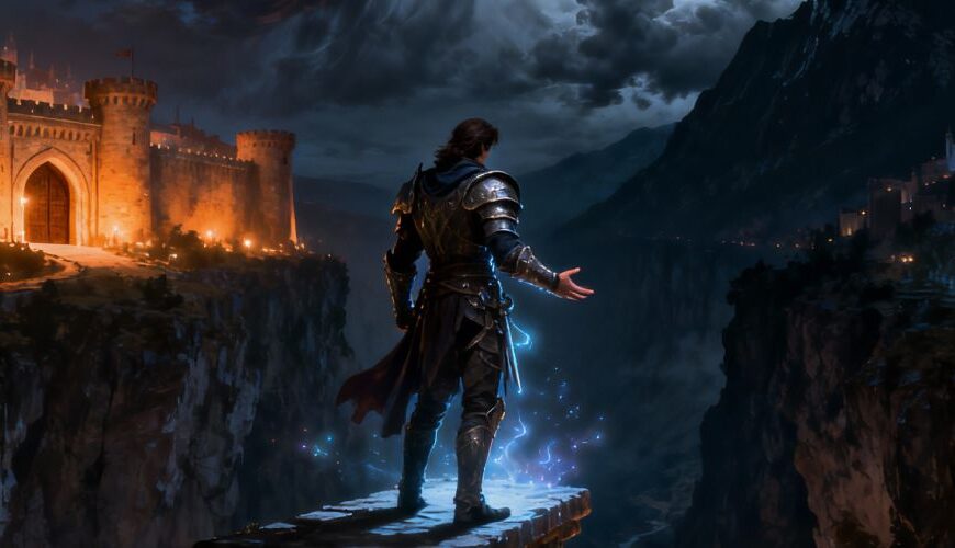 Ein gepanzerter Fantasyheld steht nachts auf einer schmalen Steinbrücke über einer tiefen Schlucht, links eine warm erleuchtete Festungsstadt, rechts eine kühl blau schimmernde Bergstadt, blaue Magiefunken um seine Hand, während er zwischen den beiden Wegen zögert.