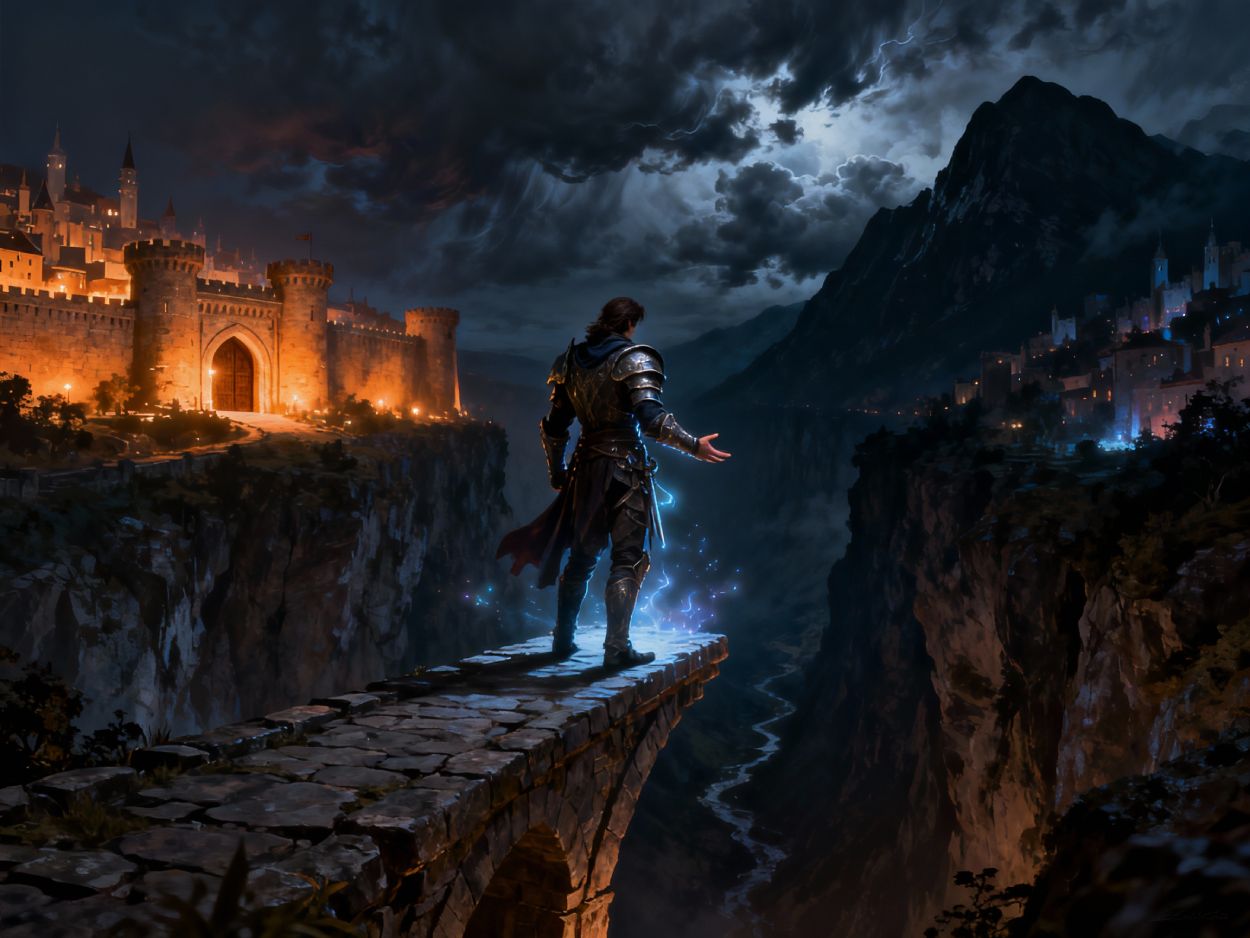Ein gepanzerter Fantasyheld steht nachts auf einer schmalen Steinbrücke über einer tiefen Schlucht, links eine warm erleuchtete Festungsstadt, rechts eine kühl blau schimmernde Bergstadt, blaue Magiefunken um seine Hand, während er zwischen den beiden Wegen zögert.