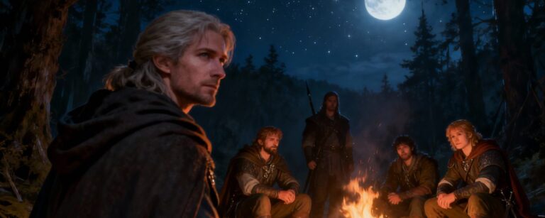 Eine Gruppe von fünf Abenteurern sitzt nachts um ein Lagerfeuer im Wald, im Vordergrund ein Mann mit Umhang und Schwert, der zur Seite blickt, hinter ihm die Gefährten im Schein der Flammen, darüber ein klarer Sternenhimmel mit hellem Vollmond.