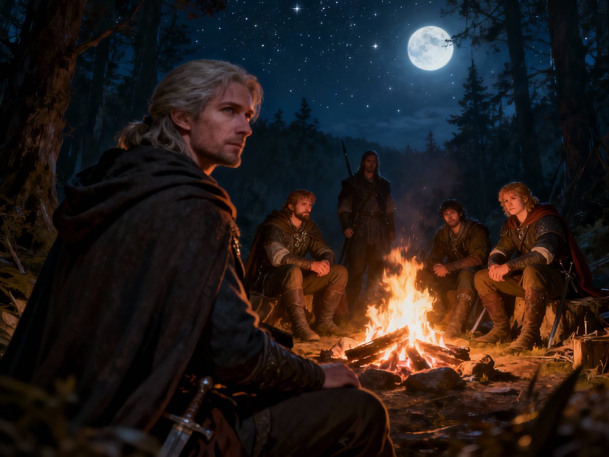 Eine Gruppe von fünf Abenteurern sitzt nachts um ein Lagerfeuer im Wald, im Vordergrund ein Mann mit Umhang und Schwert, der zur Seite blickt, hinter ihm die Gefährten im Schein der Flammen, darüber ein klarer Sternenhimmel mit hellem Vollmond.