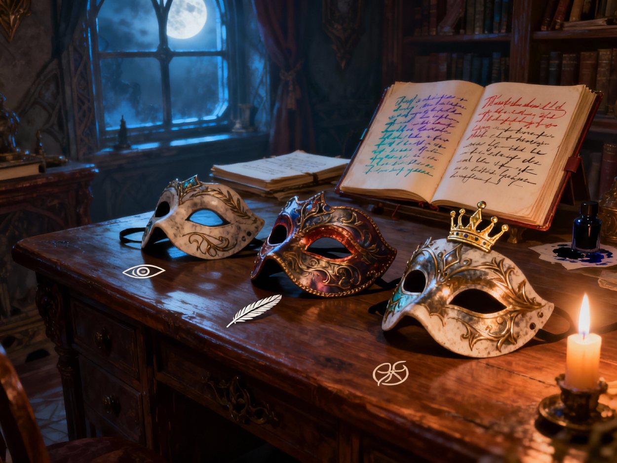 Drei reich verzierte Masken mit Auge-, Feder- und Kronensymbol liegen auf einem hölzernen Schreibtisch in einer Fantasy-Studierstube, dahinter ein aufgeschlagenes Buch mit verschiedenfarbigen Handschriften, im Fenster steht der Vollmond am Himmel.