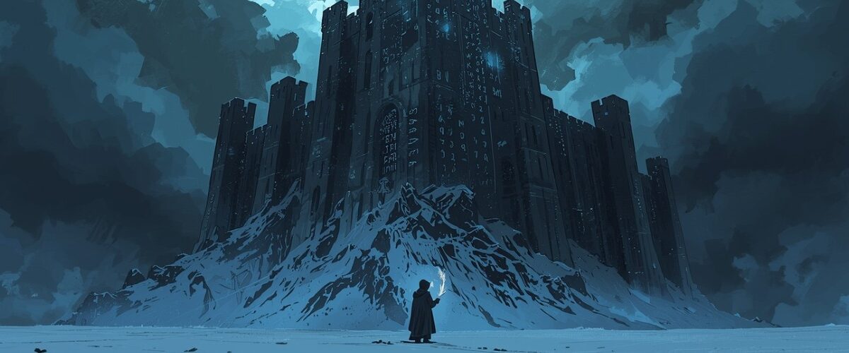 Eine halb fertig gebaute Eiszitadelle ragt aus einer Schneelandschaft auf, während Manuskriptseiten im Sturm wehen – Symbolbild für die ungewisse Zukunft von Winds of Winter.