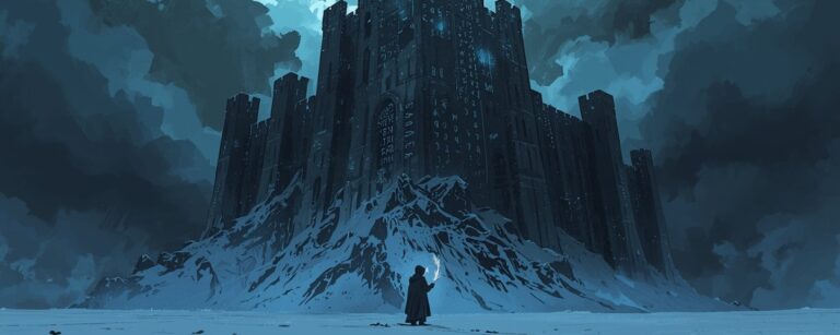 Eine halb fertig gebaute Eiszitadelle ragt aus einer Schneelandschaft auf, während Manuskriptseiten im Sturm wehen – Symbolbild für die ungewisse Zukunft von Winds of Winter.