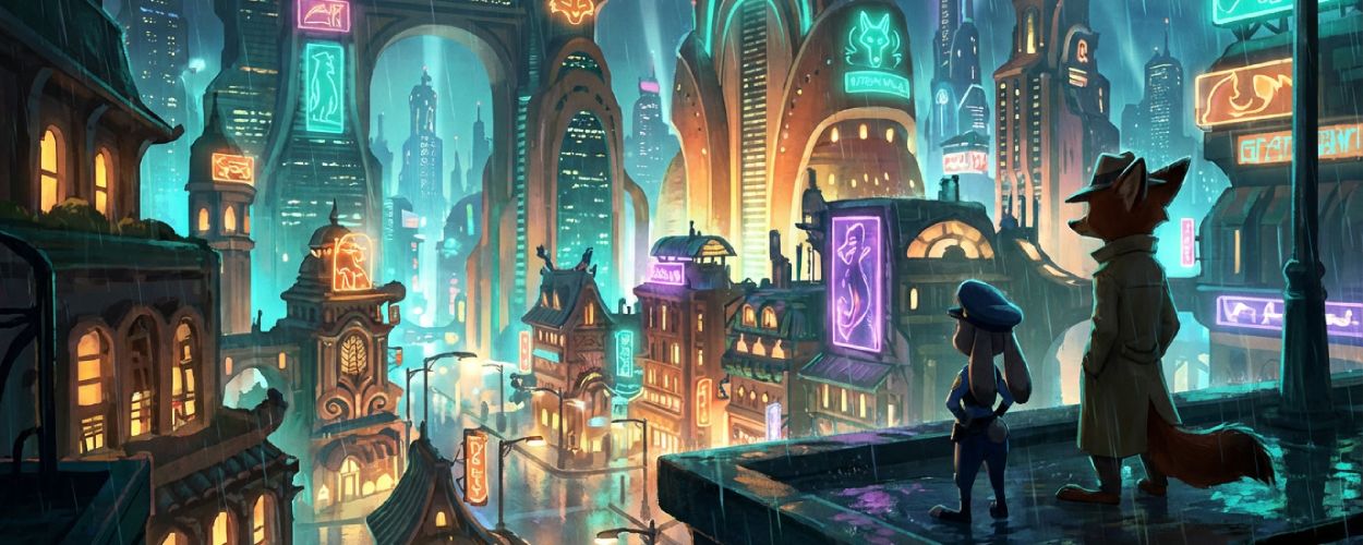 Leuchtende Tiermetropole bei Nacht, Fuchs- und Hasen-Ermittler blicken vom Dach auf die neonbunte Stadt