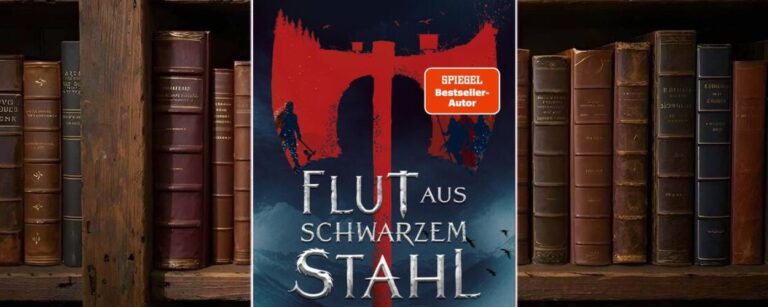 Buchcover von »Flut aus schwarzem Stahl«: dunkle Küstenlandschaft mit Sturmmeer im Vordergrund, darüber eine gigantische blutrote Axtsilhouette, vor der kleine Kriegerfiguren kämpfen; Titel in zerkratzter Metall-Schrift, oben der Name Anthony Ryan, unten Logo „Hobbit Presse Klett-Cotta“ und ein rotes Siegel „SPIEGEL Bestseller-Autor“.