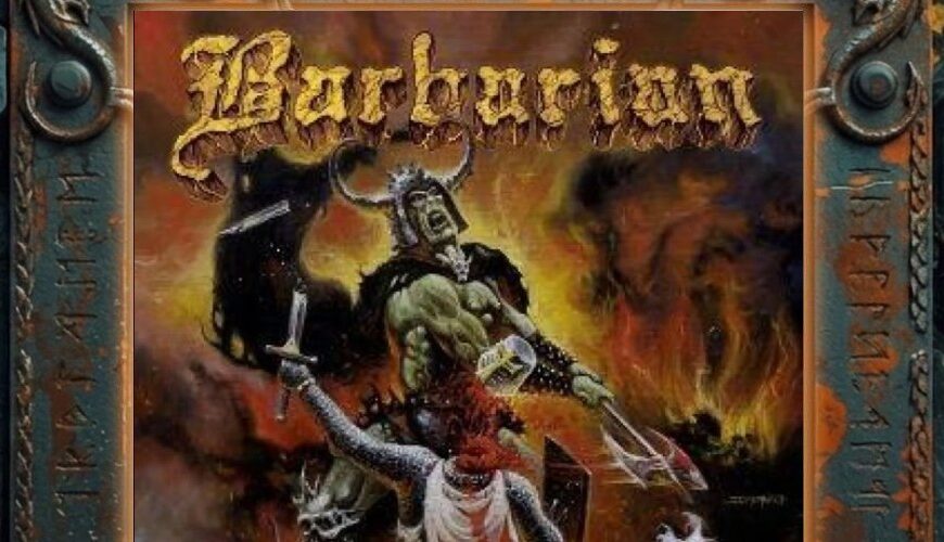 Albumcover Barbarian – Reek of god: muskulöser Barbar mit Hörnerhelm holt mit einer Axt zum Schlag auf einen knienden Kreuzritter im weißen Waffenrock mit rotem Kreuz aus, dahinter flammender Feuer- und Rauchhintergrund, oben goldenes Barbarian-Logo, unten Albumtitel.