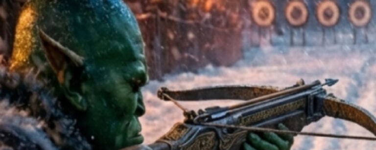 Ork bei den Winterspielen. In der Hand eine Armbrust, die Schießziele im Hintergrund.