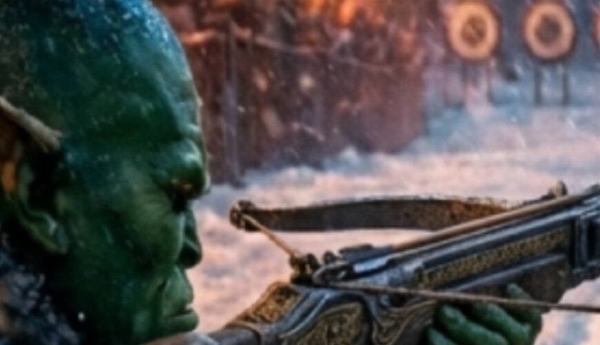 Ork bei den Winterspielen. In der Hand eine Armbrust, die Schießziele im Hintergrund.
