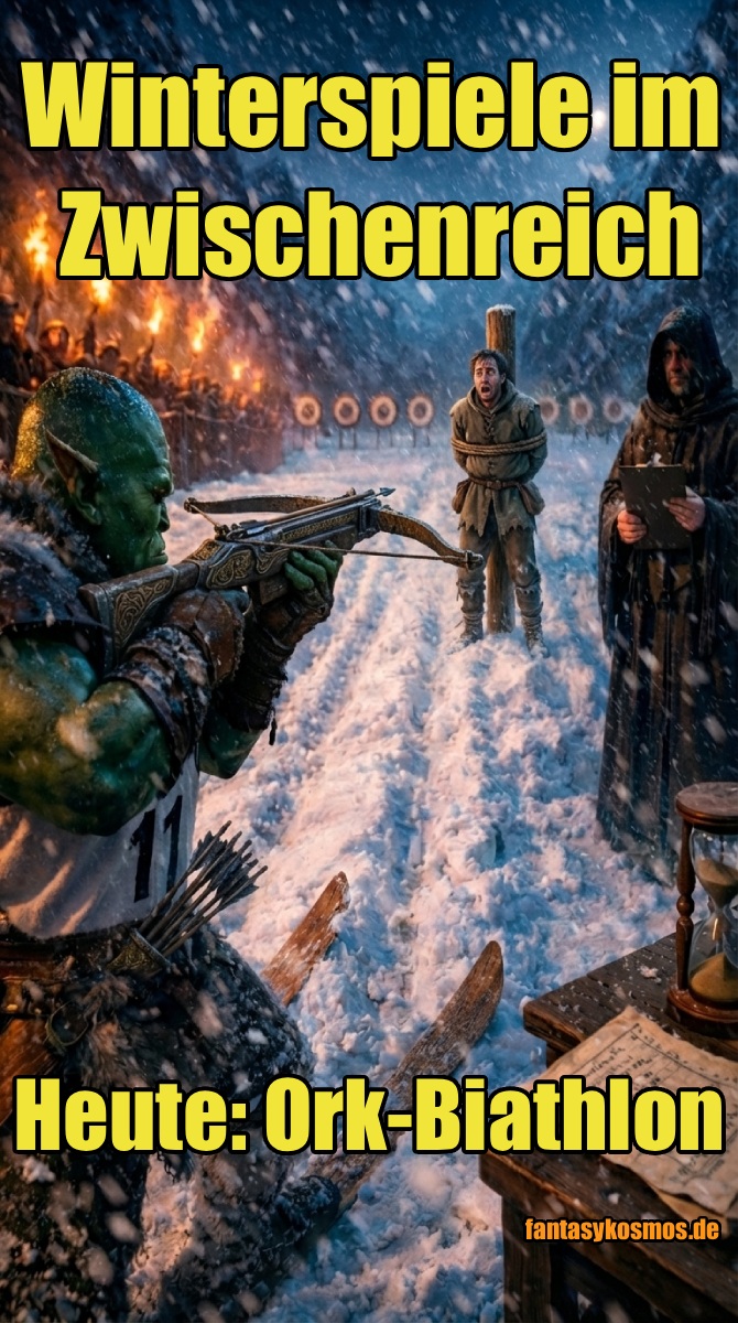 Meme: Ork im Schnee zielt im Biathlon-Setting mit Armbrust; vorne Skispur, hinten Zielscheiben und ein gefesselter „Zielkandidat“; Text: „Winterspiele im Zwischenreich“ und „Heute: Ork-Biathlon“.