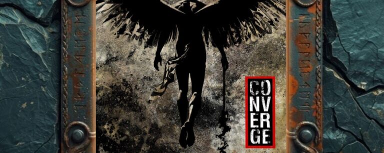 Albumcover Converge – Love Is Not Enough: dunkle Engelsgestalt mit riesigen schwarzen Schwingen von hinten vor marmoriertem, beige-grauen Hintergrund, unten rechts senkrechtes Converge-Logo im roten Rahmen.