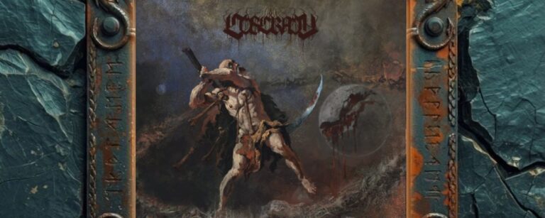 Albumcover Coscradh – Carving The Causeway To The Otherworld: halbnackter, blutverschmierter Krieger mit Schädelhelm und Knochenfetzen steht auf einem Knochensteg, schwingt eine Waffe in den Nachthimmel, rechts ein blutbefleckter Mond, oben das rot verlaufende Coscradh-Logo.