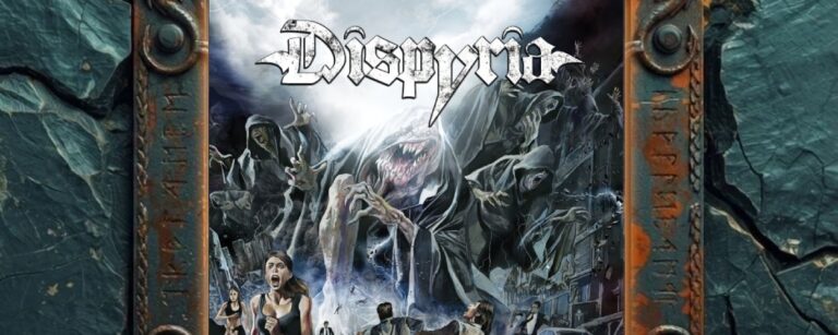 Albumcover DISPYRIA – Redemption – Part 1: Twisted World: apokalyptische Stadtruinen, ein riesiger dämonischer Seelenreißer im Kapuzenmantel wächst aus einem gleißenden Portal, umgeben von geisterhaften Gestalten, im Vordergrund panisch fliehende Menschen.