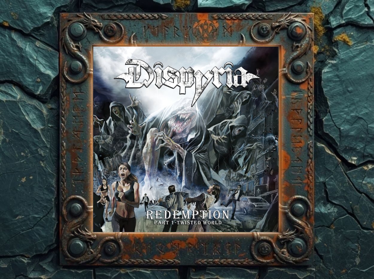 Albumcover DISPYRIA – Redemption – Part 1: Twisted World: apokalyptische Stadtruinen, ein riesiger dämonischer Seelenreißer im Kapuzenmantel wächst aus einem gleißenden Portal, umgeben von geisterhaften Gestalten, im Vordergrund panisch fliehende Menschen.