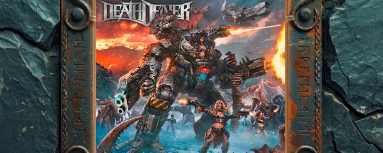 Albumcover Death Dealer – Reign of Steel: gigantischer Kampfmech mit muskulösem Krieger im Cockpit stampft durch eine eisige Schlachtlandschaft, vorne halbnackte Endzeit-Kämpferinnen mit Pistolen, ringsum Monster, Explosionen und fliegende Kriegsmaschinen vor feuerrotem Himmel in knalliger Sci-Fi-Fantasy-Optik.