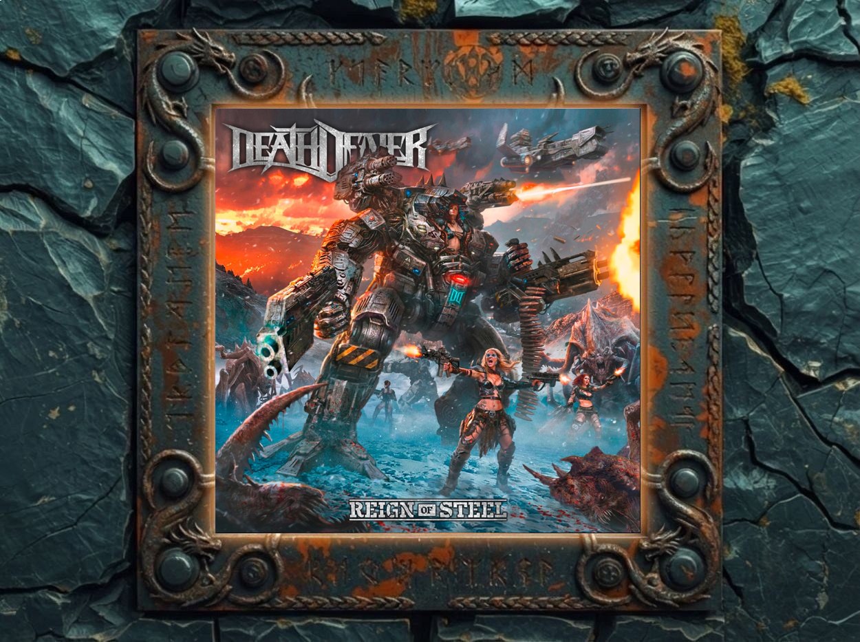 Albumcover Death Dealer – Reign of Steel: gigantischer Kampfmech mit muskulösem Krieger im Cockpit stampft durch eine eisige Schlachtlandschaft, vorne halbnackte Endzeit-Kämpferinnen mit Pistolen, ringsum Monster, Explosionen und fliegende Kriegsmaschinen vor feuerrotem Himmel in knalliger Sci-Fi-Fantasy-Optik.