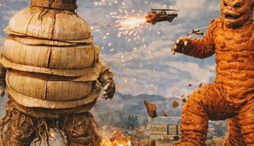 16:9-Foto im Stil eines alten Godzilla-Films: Zwei riesige Gemüsemenschen in Gummikostümen verwüsten eine Miniaturstadt. Links ein rundlicher Zwiebel-Gigant mit mehreren Zwiebelschichten, Wurzelbeinen und einer Krone aus Schaufeln und Rechen; rechts ein oranger Möhren-Kaiju mit grober, knubbeliger „Karottenhaut“ und buschigem Grün als Haarkrone. Unter ihnen werden kleine Modellhäuser und Autos zertrampelt, im Hintergrund fliegen alte Spielzeug-Helikopter an sichtbaren Fäden und schießen Funken. Der Look ist körnig, leicht vergilbtes Filmkorn, klassische 60er-Jahre-Kaiju-Ästhetik.