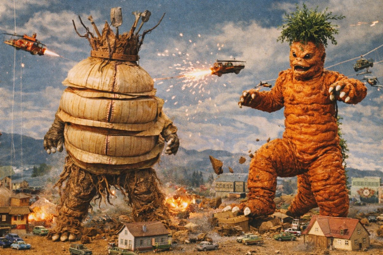 16:9-Foto im Stil eines alten Godzilla-Films: Zwei riesige Gemüsemenschen in Gummikostümen verwüsten eine Miniaturstadt. Links ein rundlicher Zwiebel-Gigant mit mehreren Zwiebelschichten, Wurzelbeinen und einer Krone aus Schaufeln und Rechen; rechts ein oranger Möhren-Kaiju mit grober, knubbeliger „Karottenhaut“ und buschigem Grün als Haarkrone. Unter ihnen werden kleine Modellhäuser und Autos zertrampelt, im Hintergrund fliegen alte Spielzeug-Helikopter an sichtbaren Fäden und schießen Funken. Der Look ist körnig, leicht vergilbtes Filmkorn, klassische 60er-Jahre-Kaiju-Ästhetik.