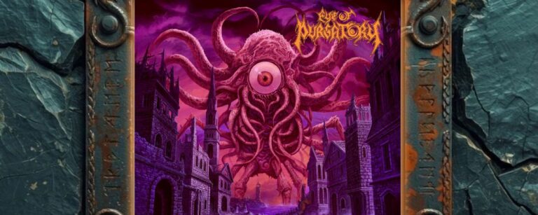 Albumcover Eye Of Purgatory – Darkborne: riesiges einäugiges Tentakelmonster über einer verlassenen, von violettem Nebel umhüllten Küstenstadt, im Hintergrund Meer und Leuchtturm unter blutrotem Himmel.