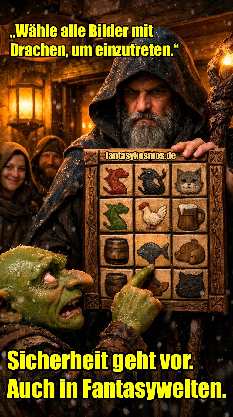 Meme: Goblin zeigt auf ein Fantasy-CAPTCHA-Board mit Symbolen; Text: „Wähle alle Bilder mit Drachen, um einzutreten.“ und „Sicherheit geht vor. Auch in Fantasywelten.“