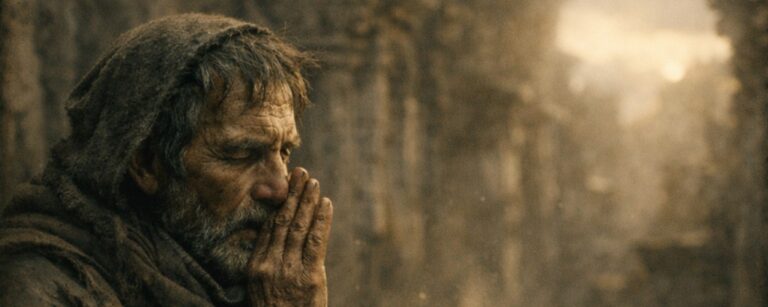 Meme: Bettelnder Mann in Ruinen, Hände gefaltet, düstere Stimmung.