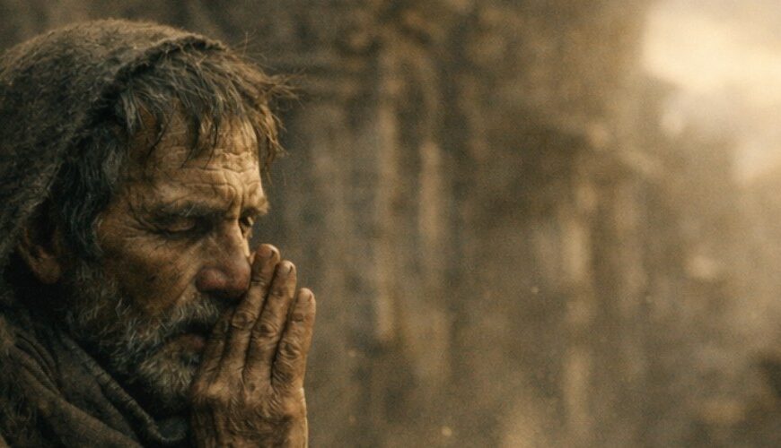 Meme: Bettelnder Mann in Ruinen, Hände gefaltet, düstere Stimmung.