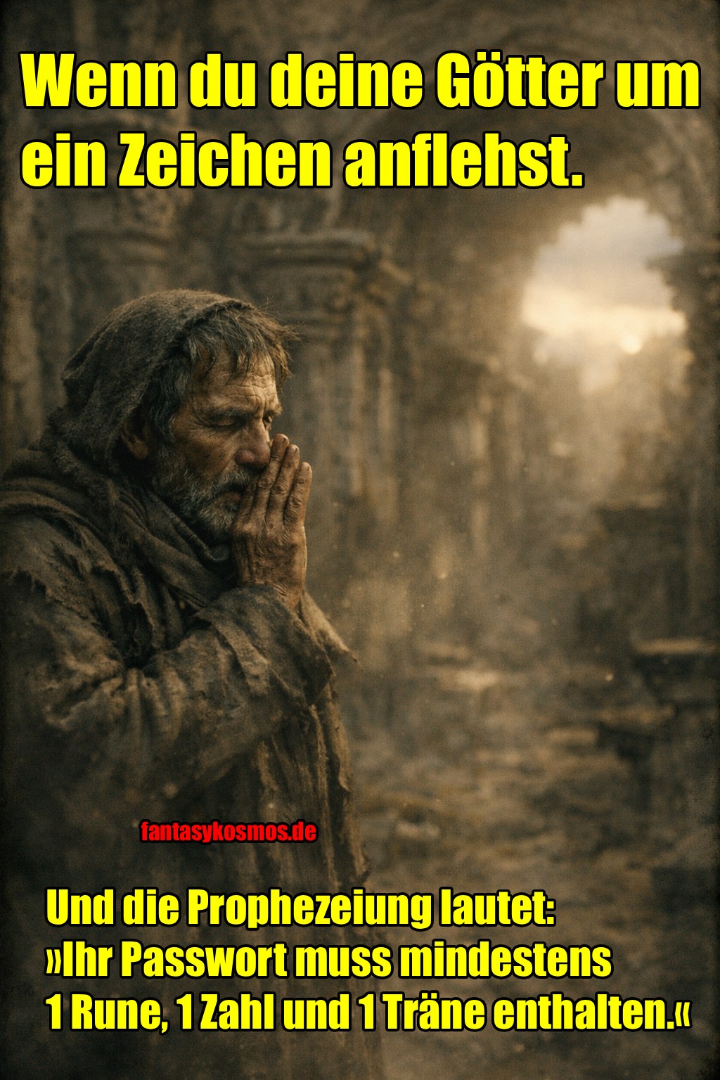Meme: Bettelnder Mann in Ruinen, Hände gefaltet; Text: „Wenn du deine Götter um ein Zeichen anflehst… Und die Antwort lautet: Ihr Passwort muss mindestens 1 Rune, 1 Zahl und 1 Träne enthalten.“