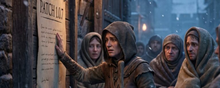 Meme: Winterliche Stadt, Leute lesen Aushang „Patch 1.0.7“;