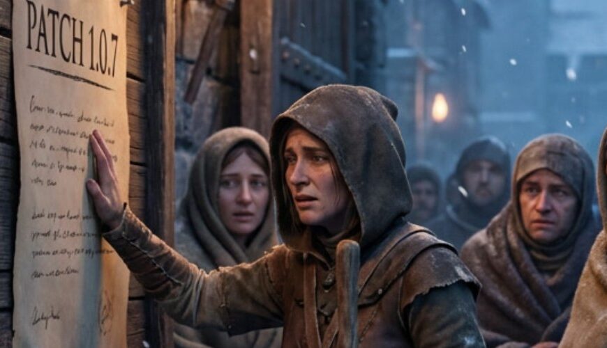 Meme: Winterliche Stadt, Leute lesen Aushang „Patch 1.0.7“;