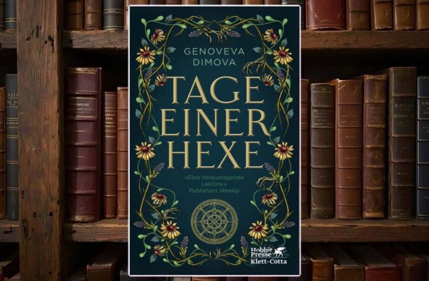 Buchcover von »Tage einer Hexe« vor einem alten Bücherregal: dunkelgrüner Hintergrund mit goldener Serifenschrift, umrahmt von floralen Ranken und Blüten, unten ein kreisförmiges magisches Symbol und das Logo der Hobbit Presse Klett-Cotta.