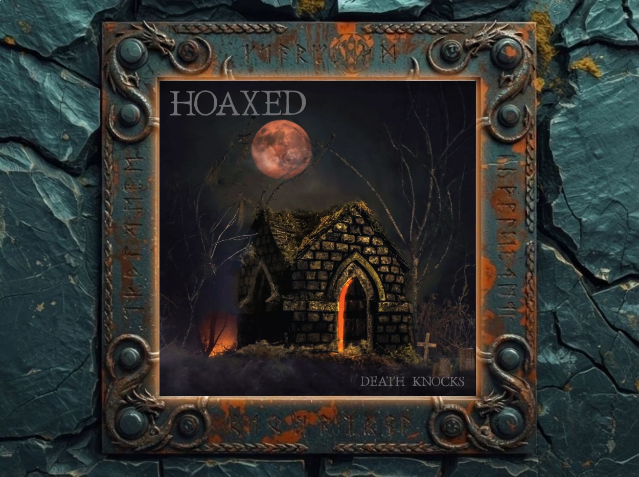 Albumcover Hoaxed – Death Knocks: kleines, verfallenes Steinhaus mit moosbewachsenem Dach und leuchtend orange glimmender Tür in einer nebligen Nachtlandschaft, im Hintergrund ein blutroter Vollmond und kahle Äste, unten der Schriftzug Death Knocks.