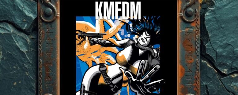 Albumcover von KMFDMs „Enemy“: stilisierte Comic-Figur einer bewaffneten Frau in schwarzem Tauchanzug, die mit ausgestrecktem Arm unter Wasser auf einen riesigen orangefarbenen Oktopus zielt; oben der weiße Schriftzug „KMFDM“, unten der Titel „ENEMY“ auf schwarzem Grund.