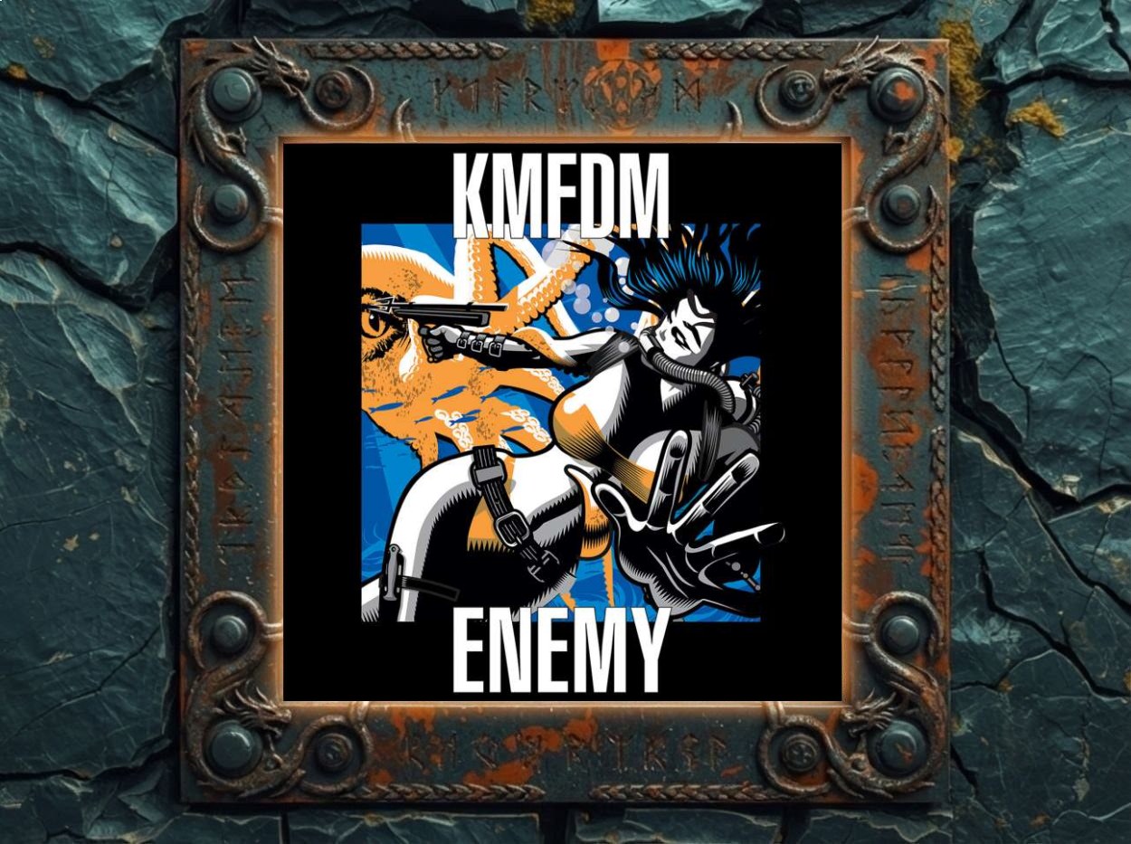 Albumcover von KMFDMs „Enemy“: stilisierte Comic-Figur einer bewaffneten Frau in schwarzem Tauchanzug, die mit ausgestrecktem Arm unter Wasser auf einen riesigen orangefarbenen Oktopus zielt; oben der weiße Schriftzug „KMFDM“, unten der Titel „ENEMY“ auf schwarzem Grund.
