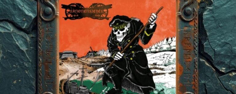 Albumcover Kanonenfieber – „Soldatenschicksale“: Vor grell orangefarbenem Himmel kniet ein skelettierter Marineoffizier in schwarzem Mantel und Mütze mit der Aufschrift „K.W.Marine“ am Ufer; er steht mit einem Stiefel im grünen Wasser und stößt mit einer langen Holzstange ein kleines Kriegsschiff vor sich her. Links sind zerstörte Bunker und Stacheldraht zu sehen, rechts eine verschneite Landschaft; oben das Kanonenfieber-Logo, unten der weiße Schriftzug „Soldatenschicksale“.