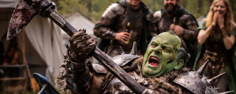 Ein dick gebauter Ork-LARPer in voller, schlammiger Rüstung kippt in einem zusammenbrechenden Campingstuhl nach hinten, während er eine riesige Axt festhält. Erde spritzt, leere Dosen und ein Plastikbecher Bier liegen im Vordergrund. Im Hintergrund lachen andere LARPer in Rüstung und Umhängen vor mittelalterlichen Zelten.