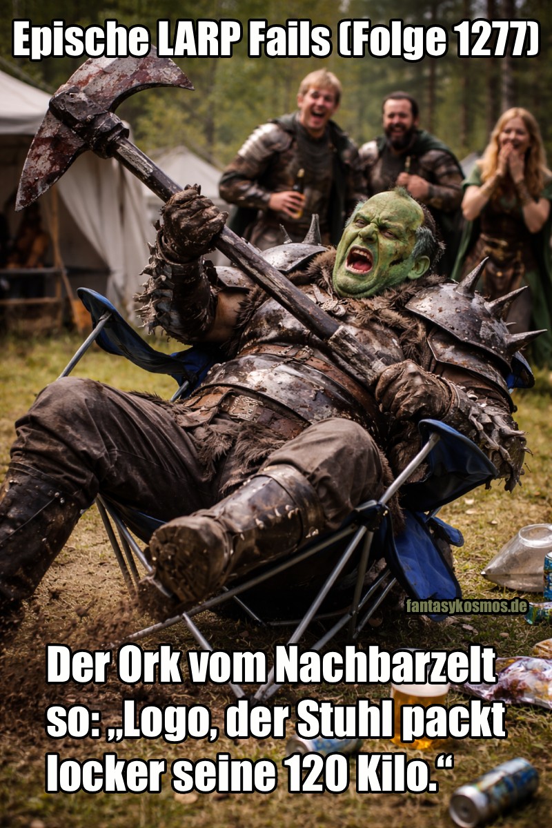 Ein dick gebauter Ork-LARPer in voller, schlammiger Rüstung kippt in einem zusammenbrechenden Campingstuhl nach hinten, während er eine riesige Axt festhält. Erde spritzt, leere Dosen und ein Plastikbecher Bier liegen im Vordergrund. Im Hintergrund lachen andere LARPer in Rüstung und Umhängen vor mittelalterlichen Zelten.