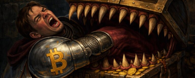 Meme: Dungeon-Szene mit Mimic-Schatztruhe, die einen Ritter mit Bitcoin-Symbol am Brustpanzer beißt; Text: „KRYPTO-WEISHEITEN AUS DEN ZWISCHENREICHEN“ und „Heute: 80K ist der Boden. Da greift man zu.“