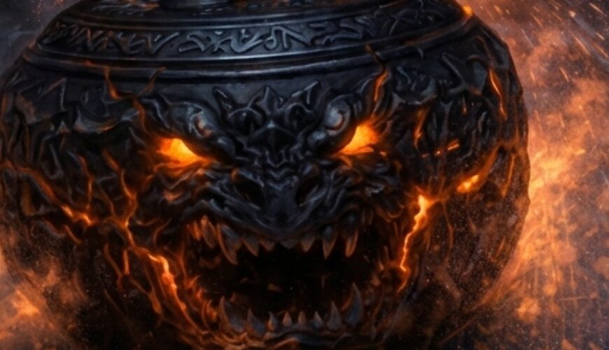 Meme: Curling auf Eis im Fantasy-Stadion; Zwerge „sweepen“ mit Hämmern, Ork brüllt, dämonischer Curling-Stein glüht und hat ein Maul.