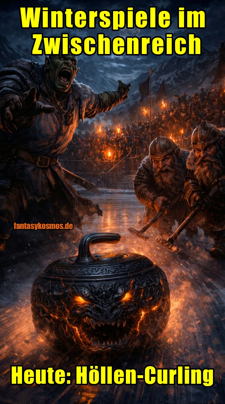 Meme: Curling auf Eis im Fantasy-Stadion; Zwerge „sweepen“ mit Hämmern, Ork brüllt, dämonischer Curling-Stein glüht und hat ein Maul; Text: „Winterspiele im Zwischenreich“ und „Heute: Höllen-Curling“.