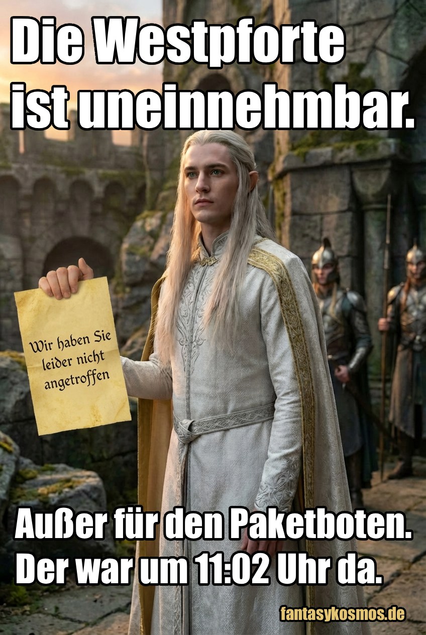 Meme: Elbischer Wächter vor einer Festung hält ein Pergament „Wir haben Sie leider nicht angetroffen“; Text: „Die Westpforte ist uneinnehmbar. Außer für den Pakethoten. Der war um 11:02 Uhr da.“