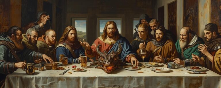 Ölgemälde-Parodie von Leonardos „Abendmahl“ in einem reich verzierten, grünen Fantasyrahmen; in der Mitte sitzt ein jesusähnlicher Questgeber in rotem und blauem Gewand, umgeben von elf weiteren mittelalterlichen Abenteurertypen, die gestikulieren und diskutieren. Auf dem Tisch liegen Teller, Becher und in der Mitte ein gebratener Drachenkopf mit glühendem Maul.