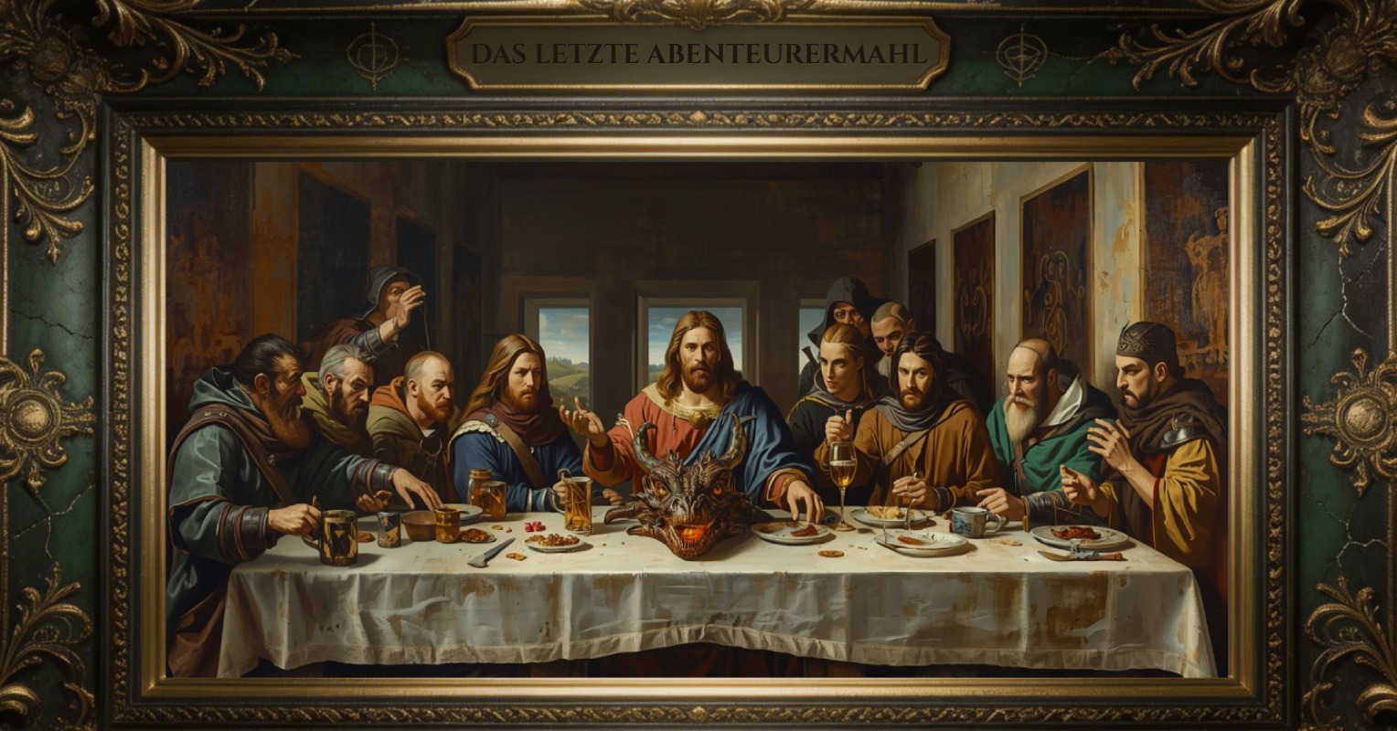 Ölgemälde-Parodie von Leonardos „Abendmahl“ in einem reich verzierten, grünen Fantasyrahmen; in der Mitte sitzt ein jesusähnlicher Questgeber in rotem und blauem Gewand, umgeben von elf weiteren mittelalterlichen Abenteurertypen, die gestikulieren und diskutieren. Auf dem Tisch liegen Teller, Becher und in der Mitte ein gebratener Drachenkopf mit glühendem Maul. Oben im Rahmen steht „Das letzte Abenteurermahl“, unten „fantasykosmos.de“.