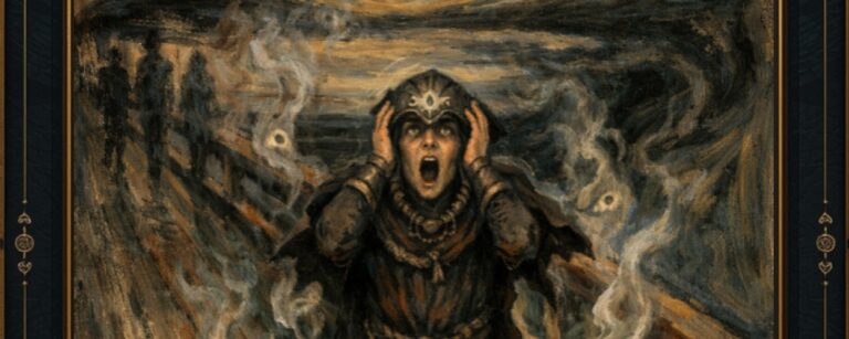 Meme: Parodie von Edvard Munchs „Der Schrei“ als düstere Fantasy-Szene; auf einer Holzbrücke steht ein verzweifelter Beschwörer in Robe und Diadem, beide Hände an den Ohren, Mund zu einem Schrei geöffnet; unter ihm ein glühender Runenkreis, aus dem geisterhafte Hände, Augen und Nebel aufsteigen; am Himmel formt sich ein riesiges dämonisches Gesicht aus wirbelnden Farben.