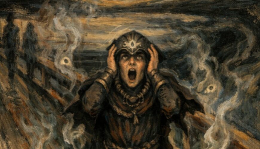 Meme: Parodie von Edvard Munchs „Der Schrei“ als düstere Fantasy-Szene; auf einer Holzbrücke steht ein verzweifelter Beschwörer in Robe und Diadem, beide Hände an den Ohren, Mund zu einem Schrei geöffnet; unter ihm ein glühender Runenkreis, aus dem geisterhafte Hände, Augen und Nebel aufsteigen; am Himmel formt sich ein riesiges dämonisches Gesicht aus wirbelnden Farben.