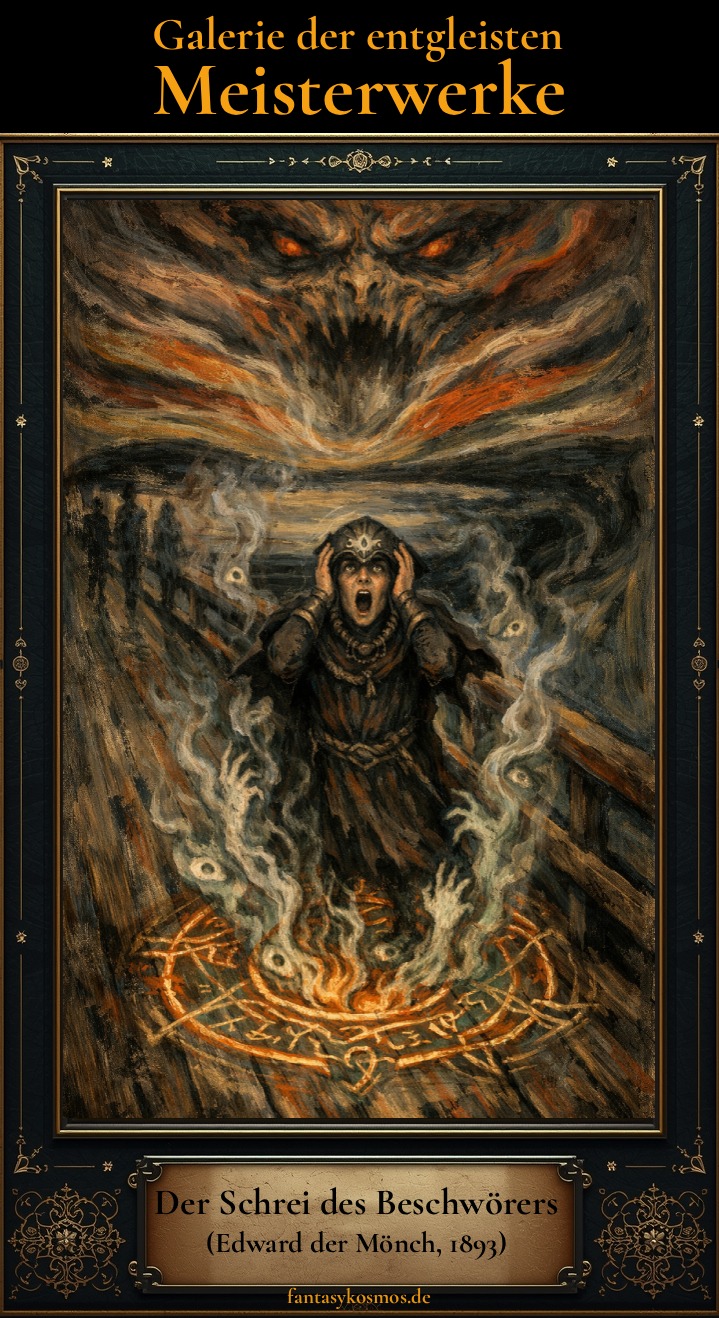 Meme: Parodie von Edvard Munchs „Der Schrei“ als düstere Fantasy-Szene; auf einer Holzbrücke steht ein verzweifelter Beschwörer in Robe und Diadem, beide Hände an den Ohren, Mund zu einem Schrei geöffnet; unter ihm ein glühender Runenkreis, aus dem geisterhafte Hände, Augen und Nebel aufsteigen; am Himmel formt sich ein riesiges dämonisches Gesicht aus wirbelnden Farben; im Rahmen steht „Galerie der entgleisten Meisterwerke“, Tafel: „Der Schrei des Beschwörers (Edward der Mönch, 1893)“, Signatur „fantasykosmos.de“.