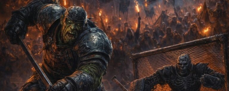 Meme: Brutale Fantasy-Eishockeyszene; ein Ork im Rüstungs-Trikot zieht zum Schuss, im Tor steht ein skelettierter Goalie in schwarzer Rüstung, der Puck ist eine glühende dämonische Kugel; im Hintergrund ein tobendes Fackelpublikum.