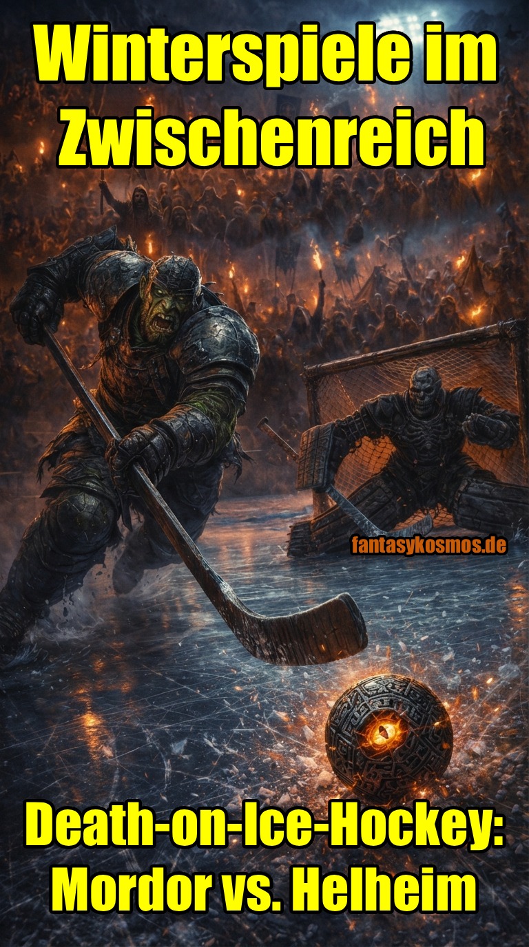 Meme: Brutale Fantasy-Eishockeyszene; ein Ork im Rüstungs-Trikot zieht zum Schuss, im Tor steht ein skelettierter Goalie in schwarzer Rüstung, der Puck ist eine glühende dämonische Kugel; im Hintergrund ein tobendes Fackelpublikum; Text: „Winterspiele im Zwischenreich“ und „Death-on-Ice-Hockey: Mordor vs. Helheim“.